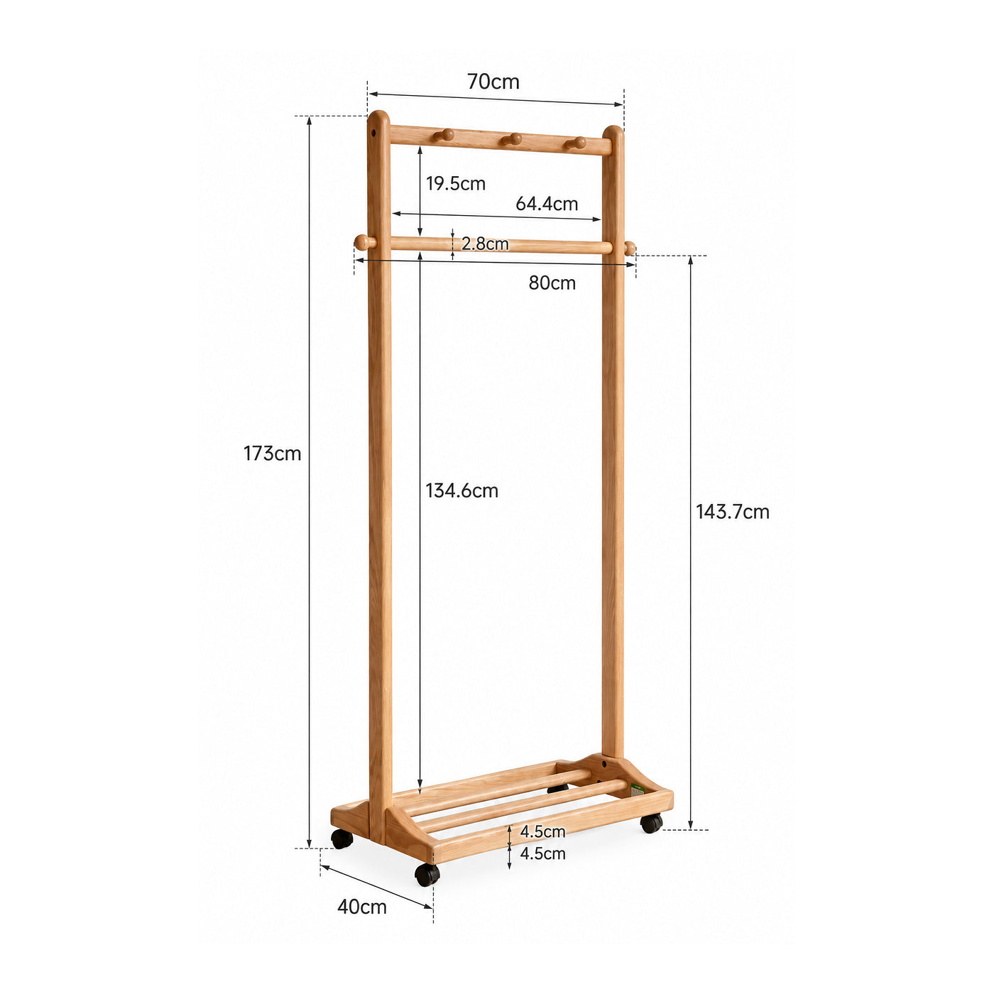 Fukuoka natural solid oak movable coat rack detailed dimension guide with hanging rail and shelf measurements