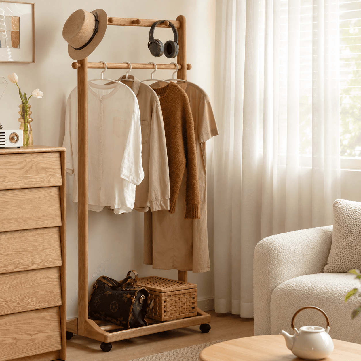 Fukuoka natural solid oak movable coat rack beside window with hanging clothes, hat and handbag