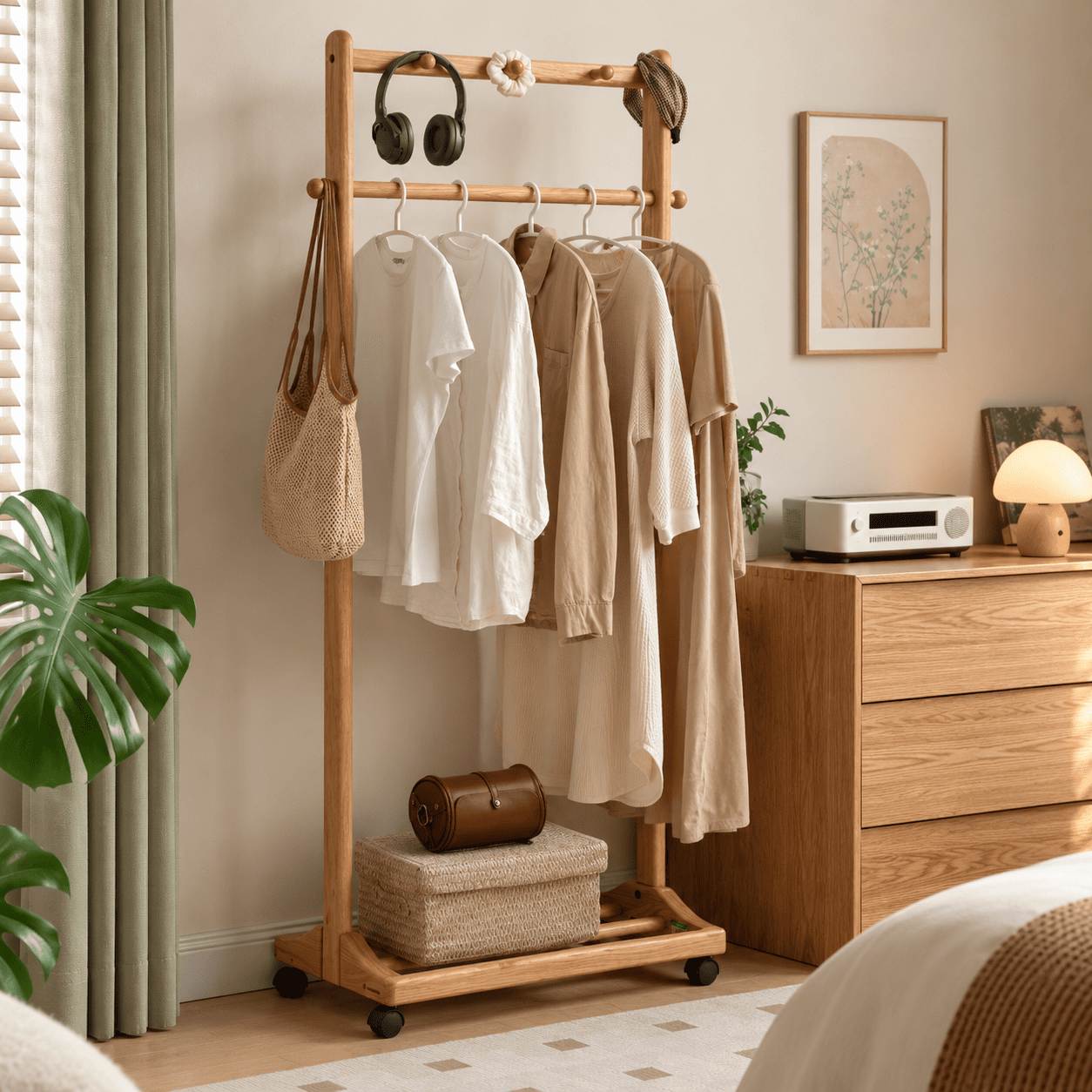 Fukuoka natural solid oak movable coat rack styled with clothes, woven basket and bedroom furniture