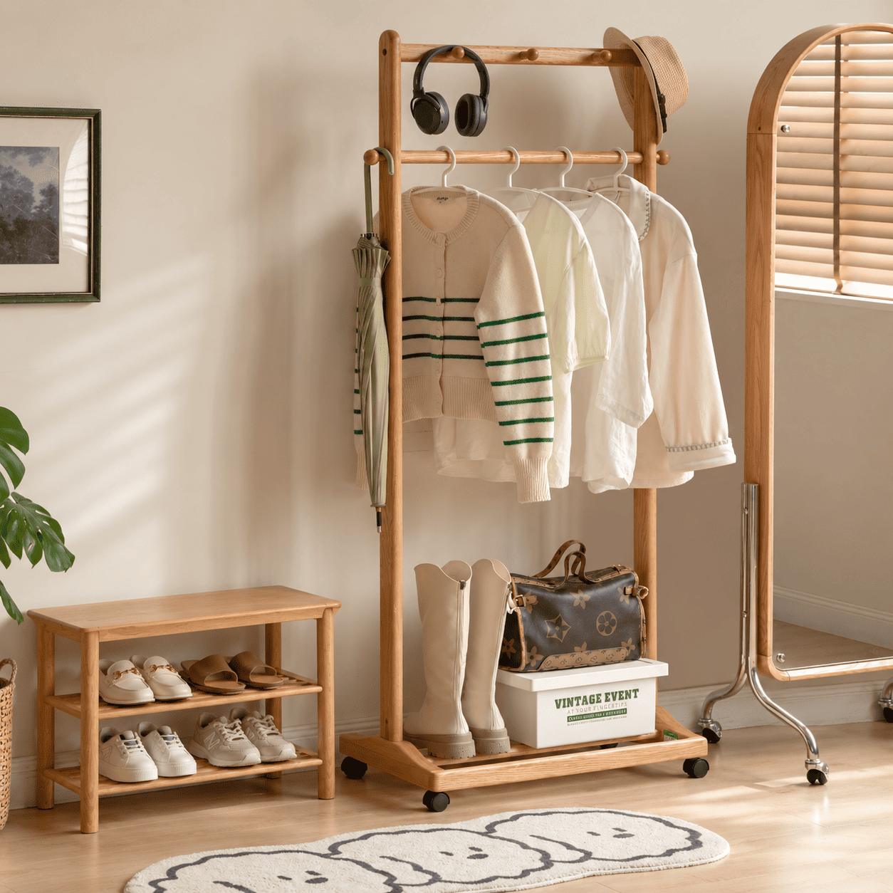 Fukuoka natural solid oak movable coat rack with clothes, boots, handbag and lower storage shelf