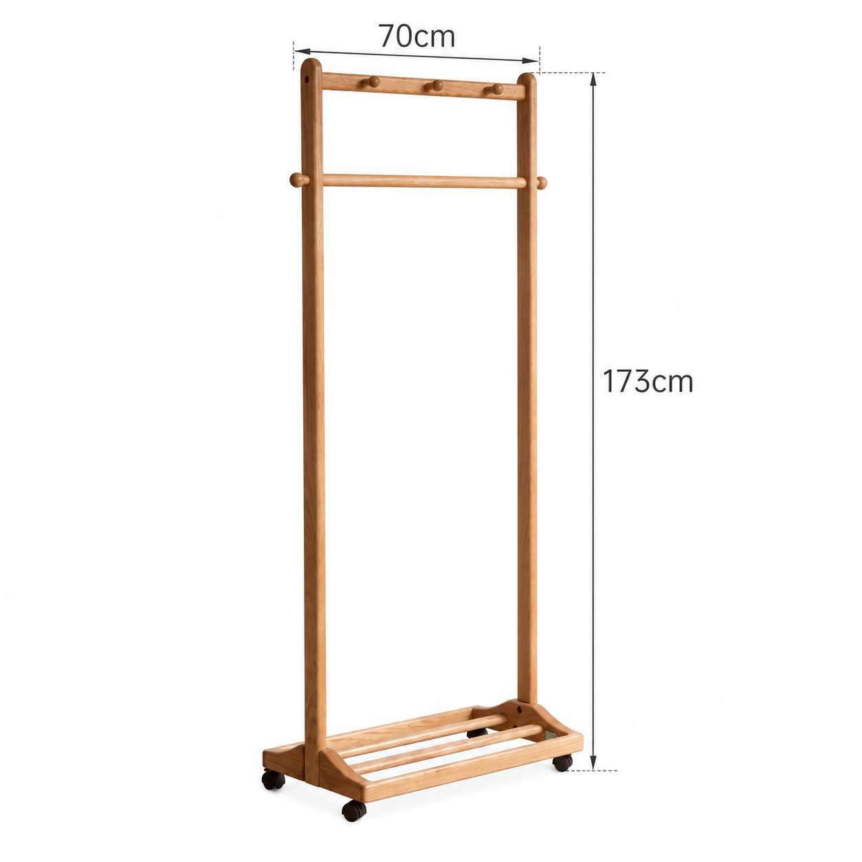 Fukuoka natural solid oak movable coat rack dimension guide showing 70 cm width and 173 cm height