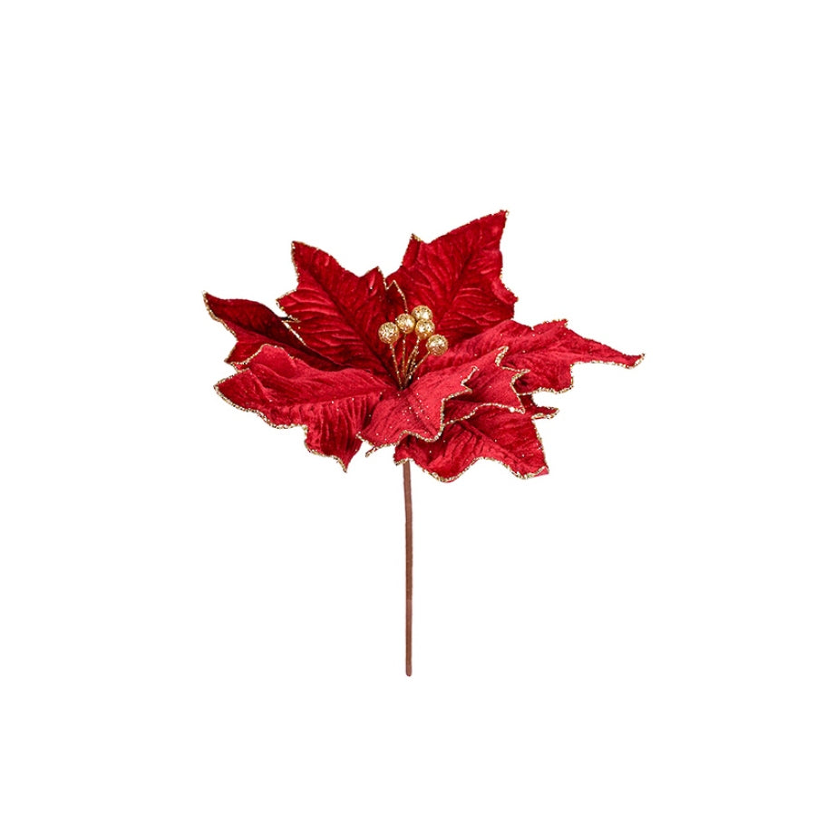Glittered Velvet Poinsettia Pick Burgundy FXSP581