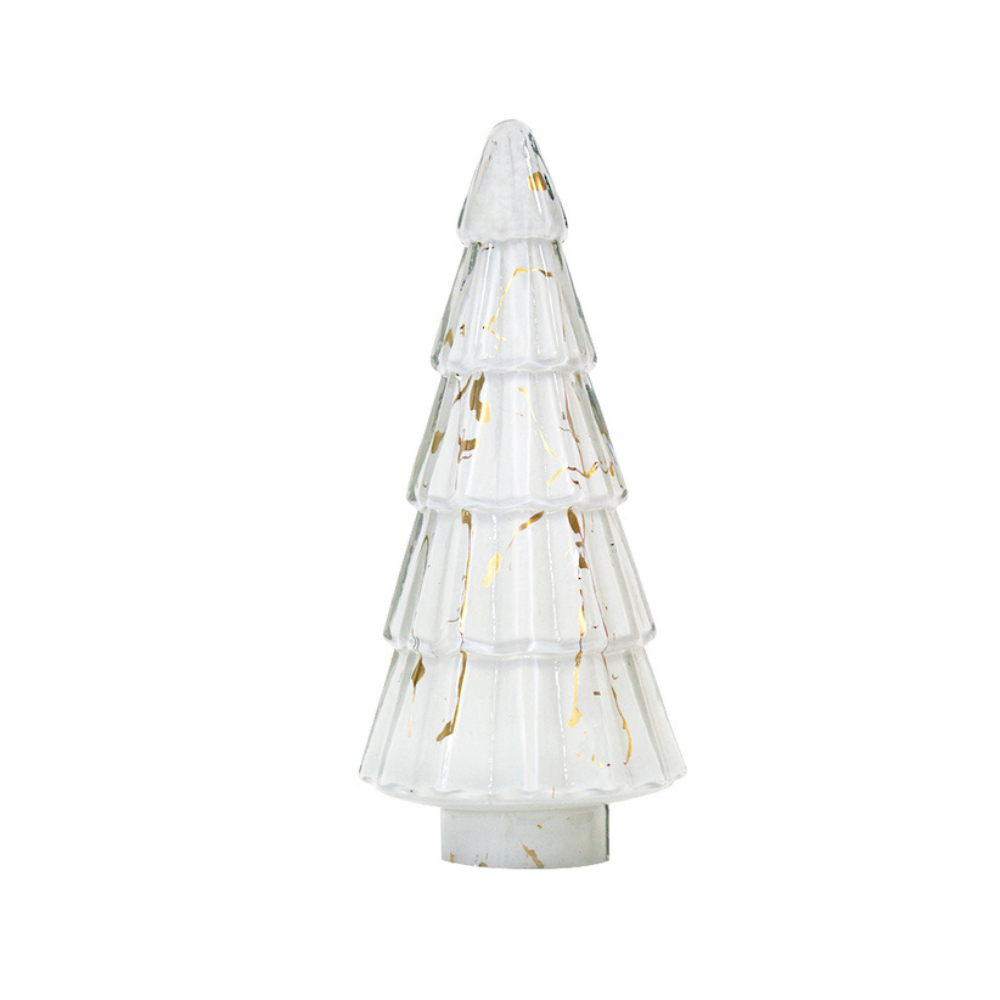 31cm decorative glass Christmas tree with frosted white finish, gold paint splatter and layered branches