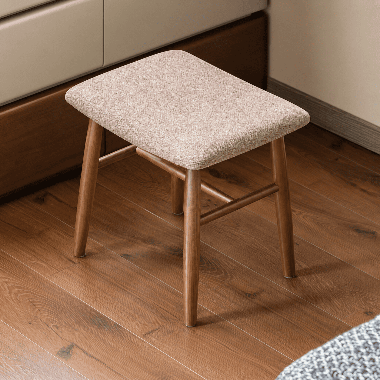 Graz natural solid walnut dressing stool with beige fabric cushion and rounded wooden legs
