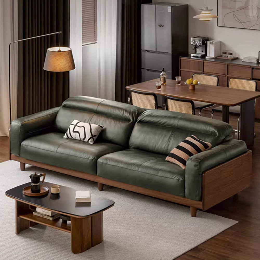 Hamburg Black Walnut Genuine Leather Sofa with Adjustable Headrest