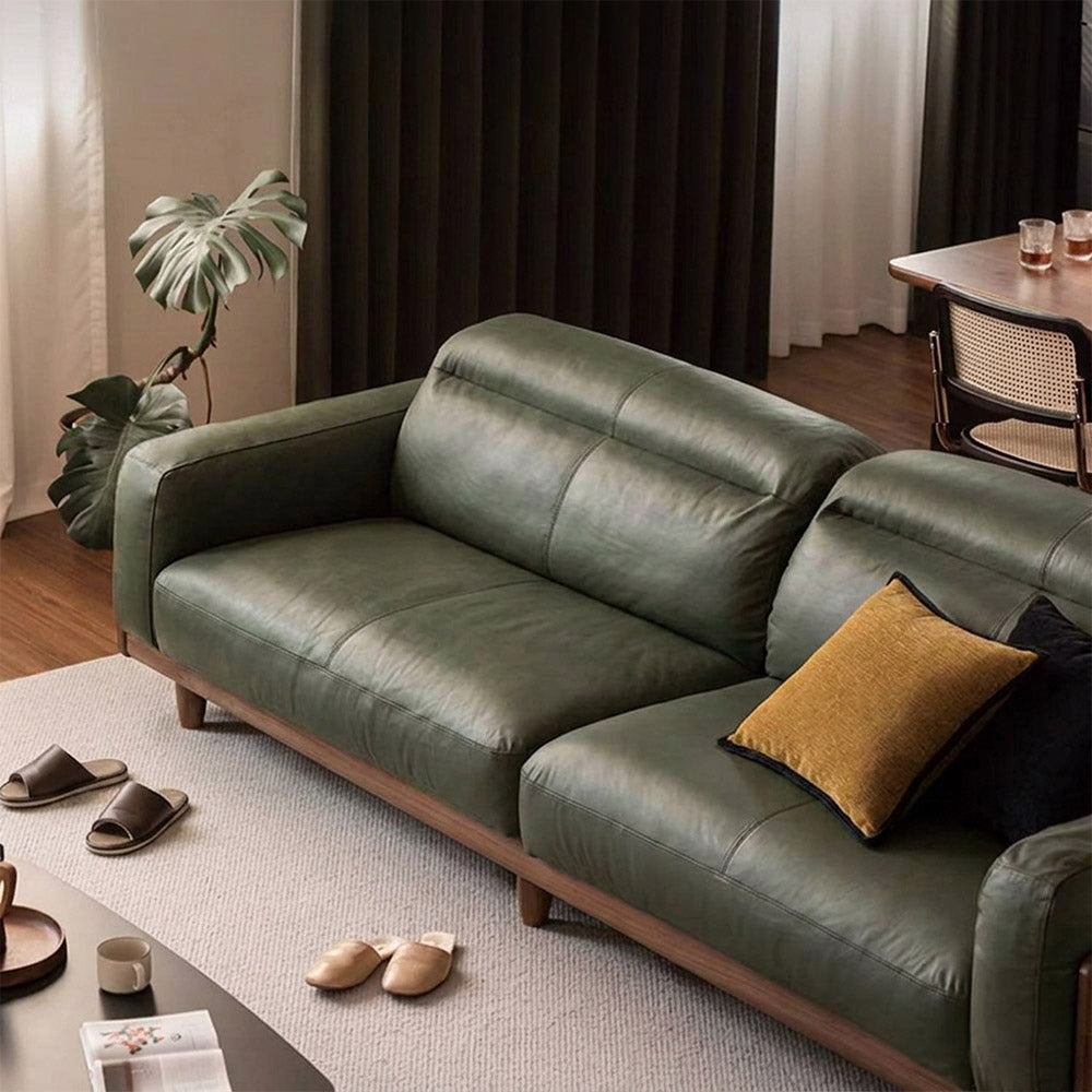 Hamburg Black Walnut Genuine Leather Sofa with Adjustable Headrest