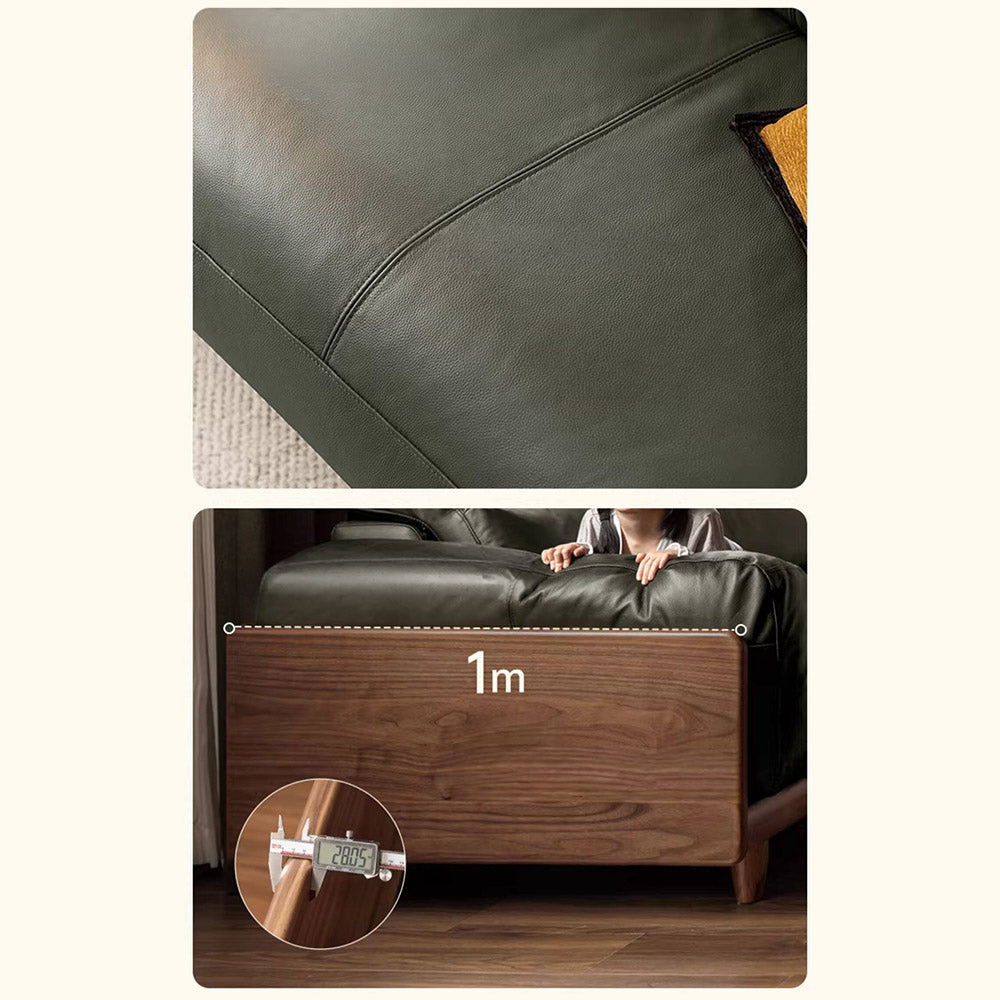 Hamburg Black Walnut Genuine Leather Sofa with Adjustable Headrest
