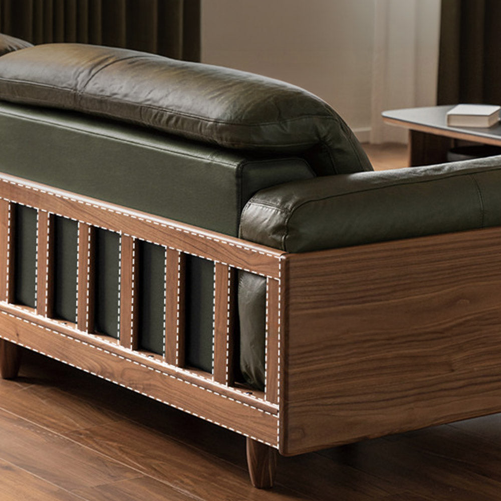 Hamburg Black Walnut Genuine Leather Sofa with Adjustable Headrest
