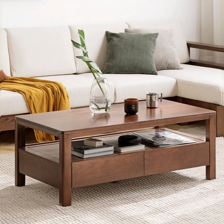 Humbie Natural Solid Oak Coffee Table in Walnut Colour | square coffee table with drawers for NZ local |Oak Furniture Store