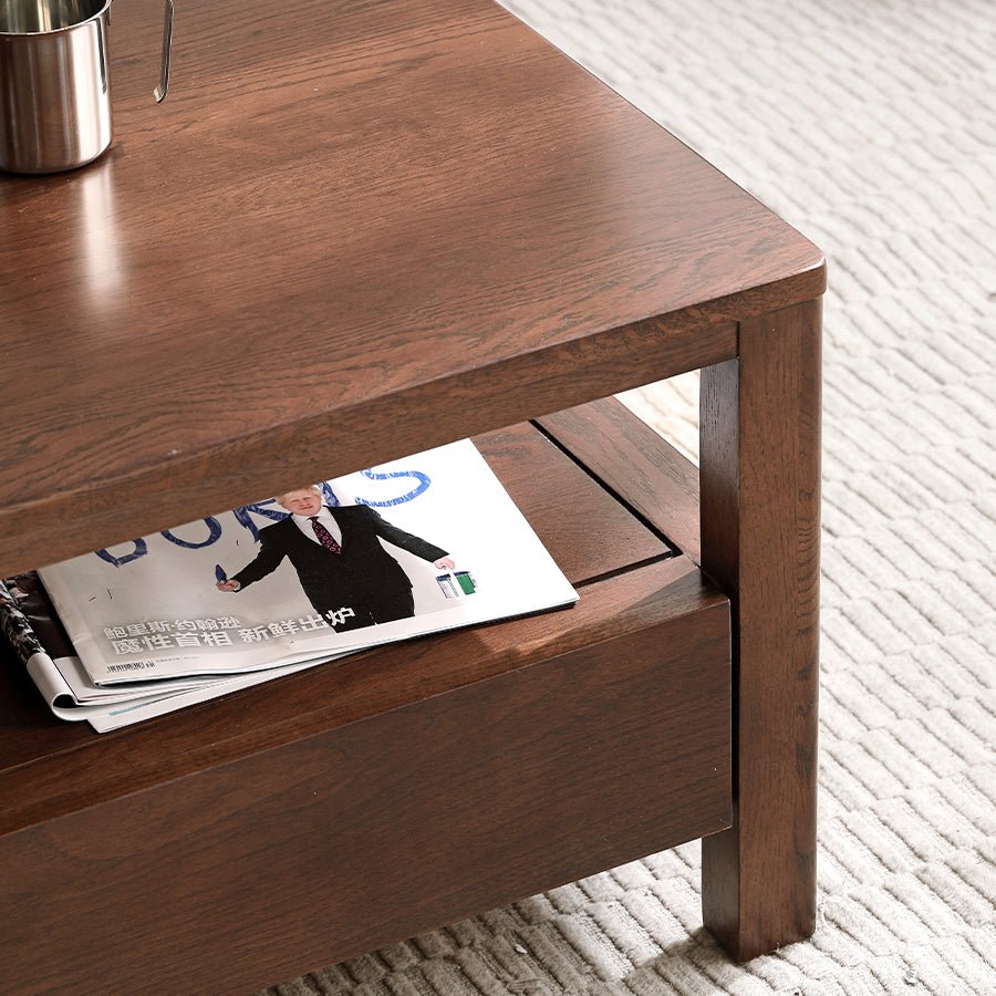 Humbie Natural Solid Oak Coffee Table in Walnut Colour | square coffee table with drawers for NZ local |Oak Furniture Store