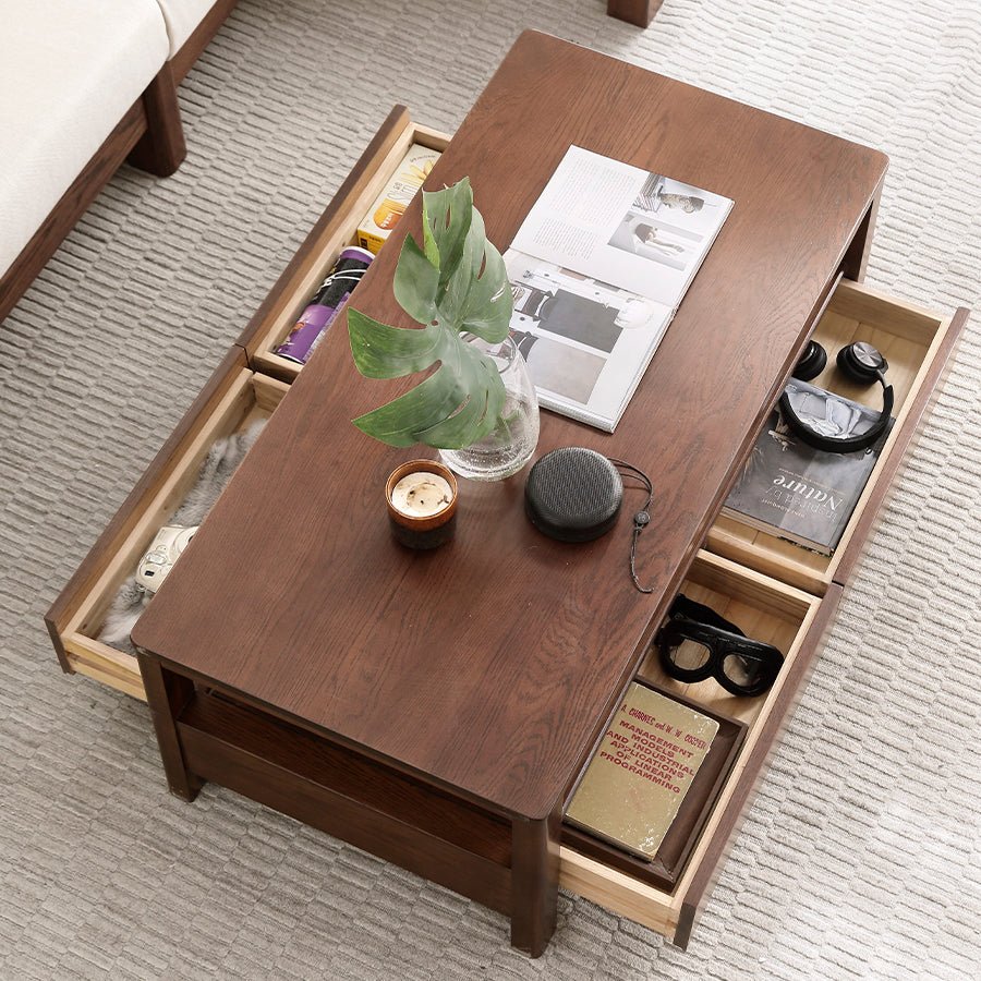 Humbie Natural Solid Oak Coffee Table in Walnut Colour | square coffee table with drawers for NZ local |Oak Furniture Store
