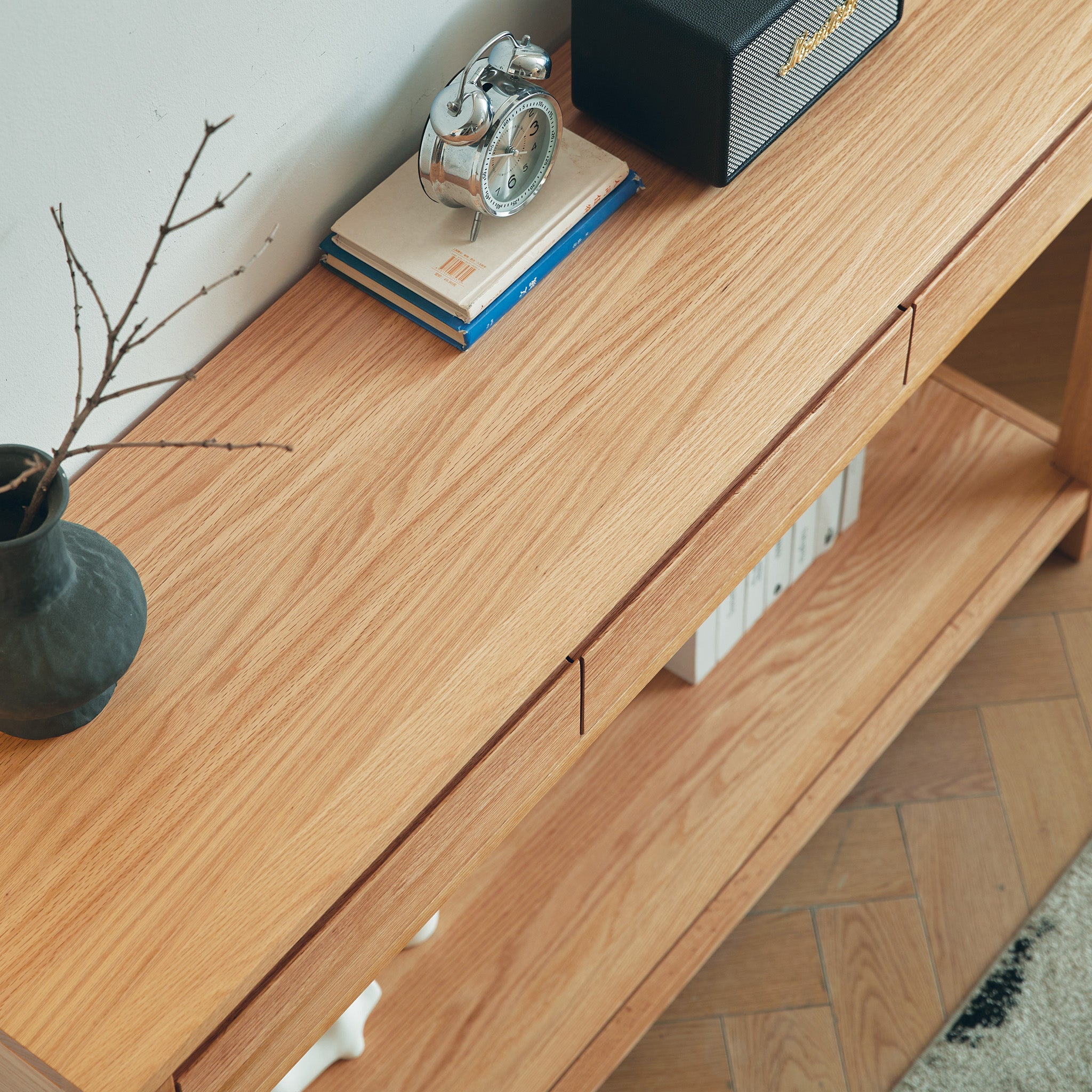 Humbie natural solid oak console table with drawers and lower shelf styled as a hallway table in a Kiwi home