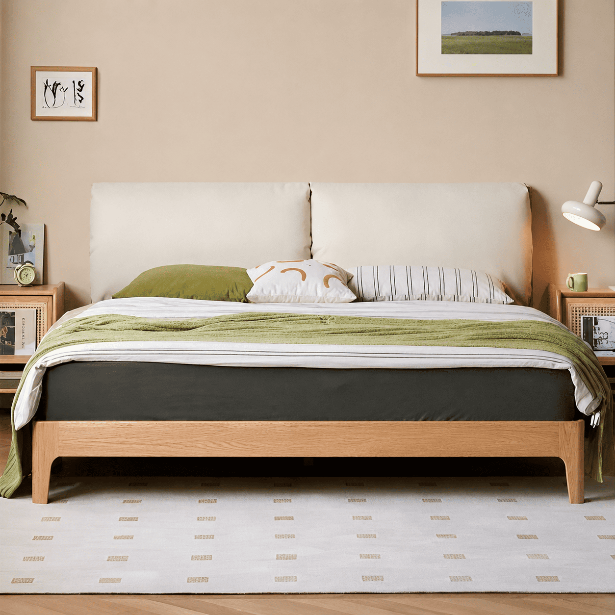 Solid oak bed frame with a cream upholstered headboard and minimalist contemporary design