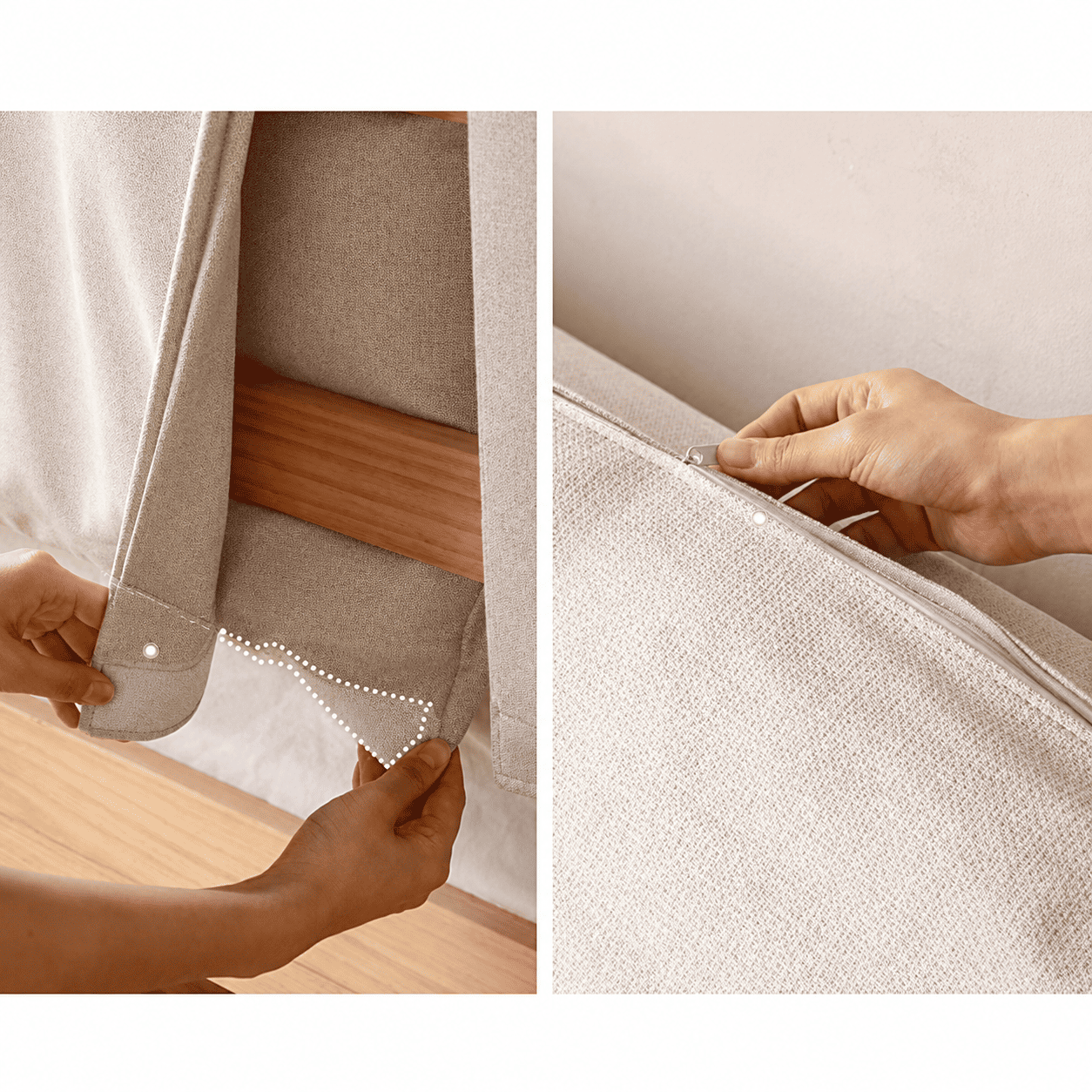 Natural oak bed frame with a cushioned cream headboard, combining modern comfort with timeless design