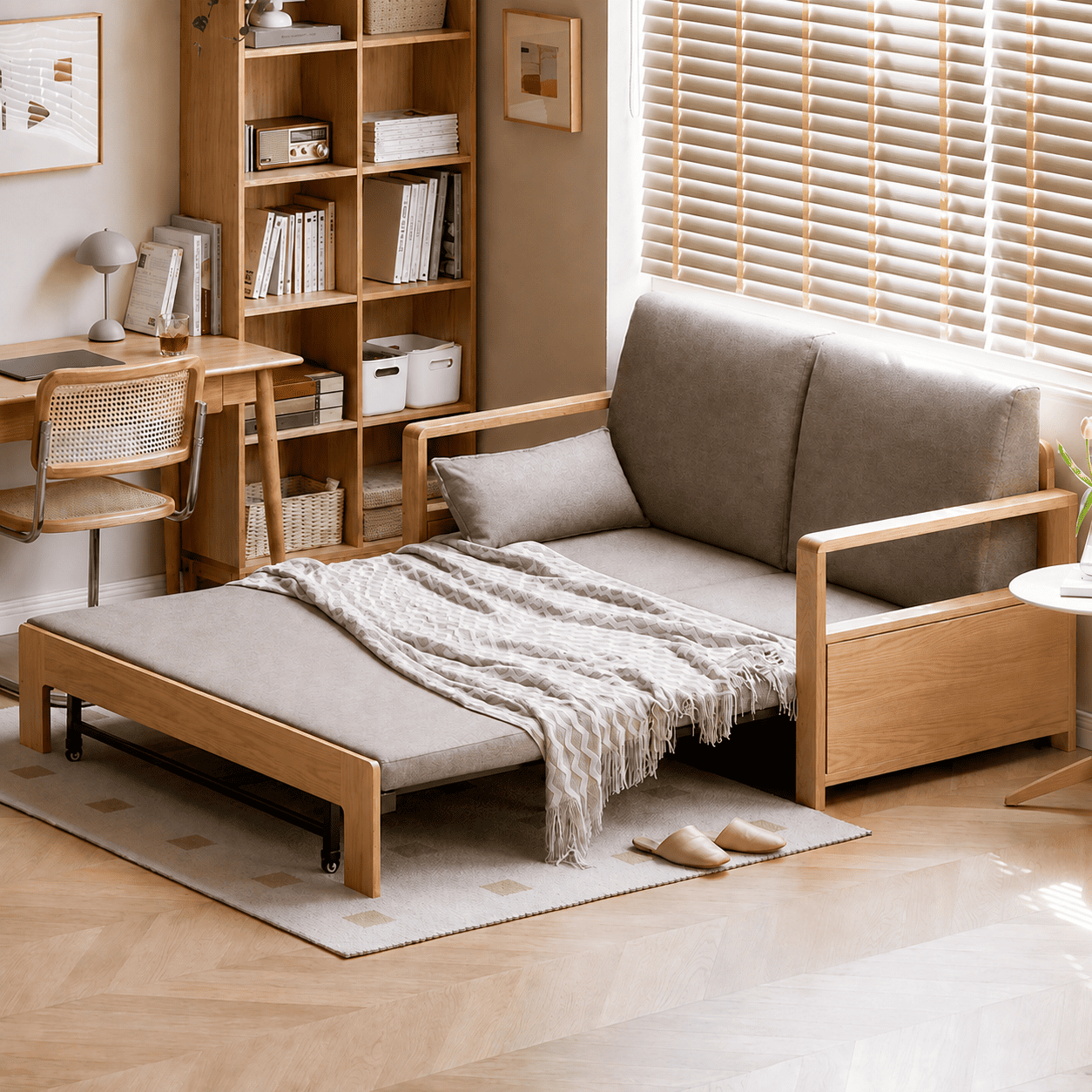 Scandinavian-style oak sofa bed with upholstered seating and an integrated pull-out bed