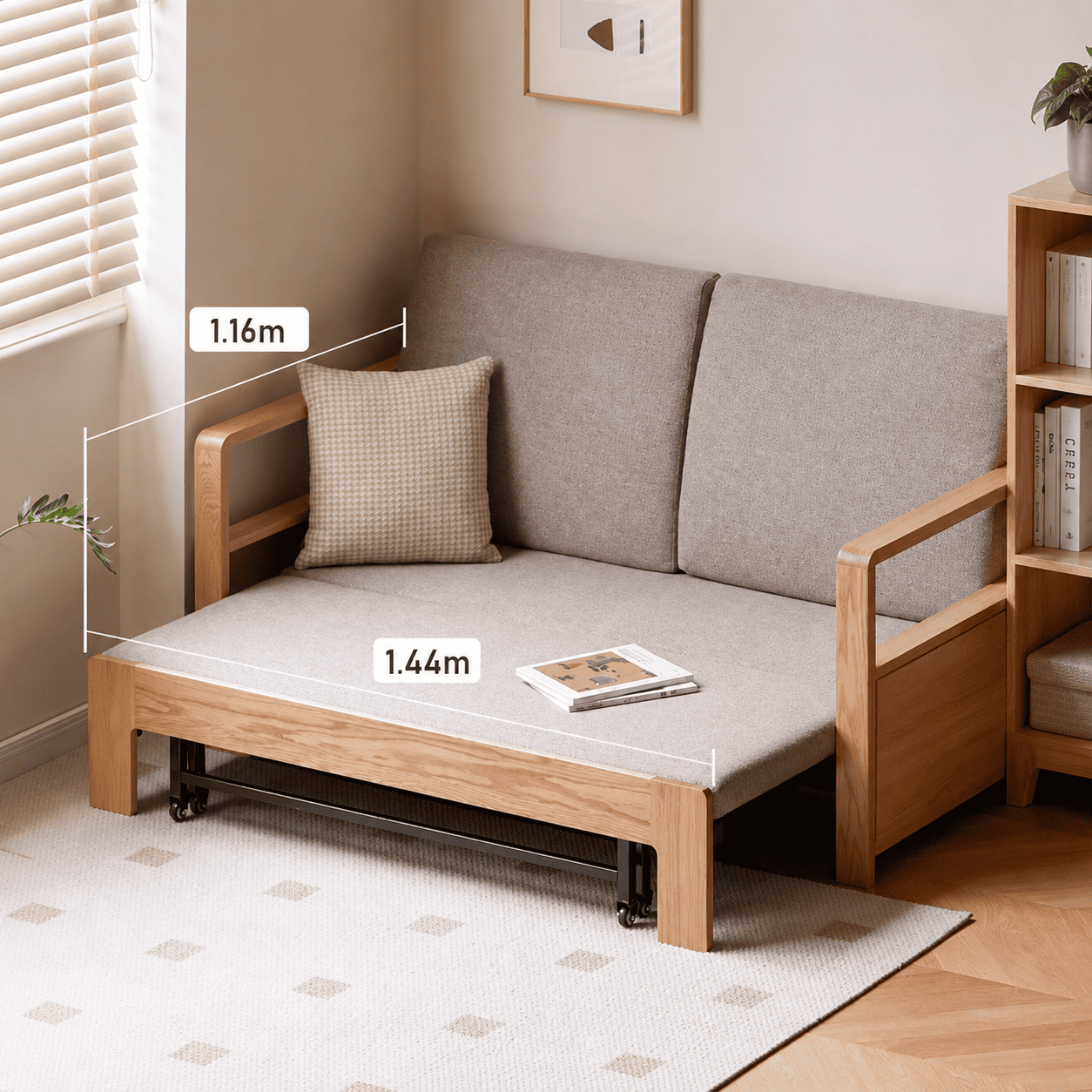 Natural oak convertible sofa bed with soft beige fabric upholstery and wooden armrests