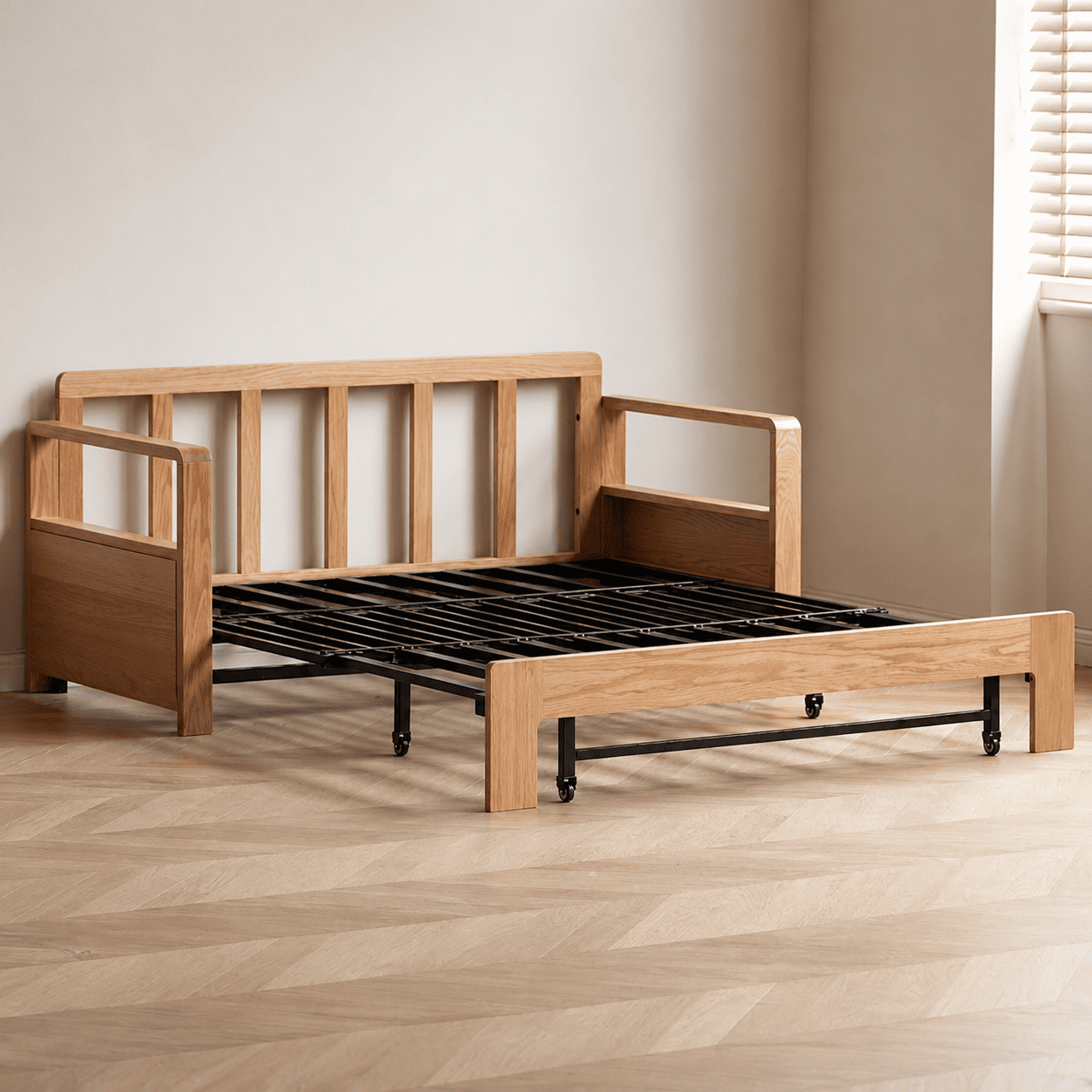 Two-seater oak sofa bed with beige upholstered cushions and a hidden pull-out sleeping platform