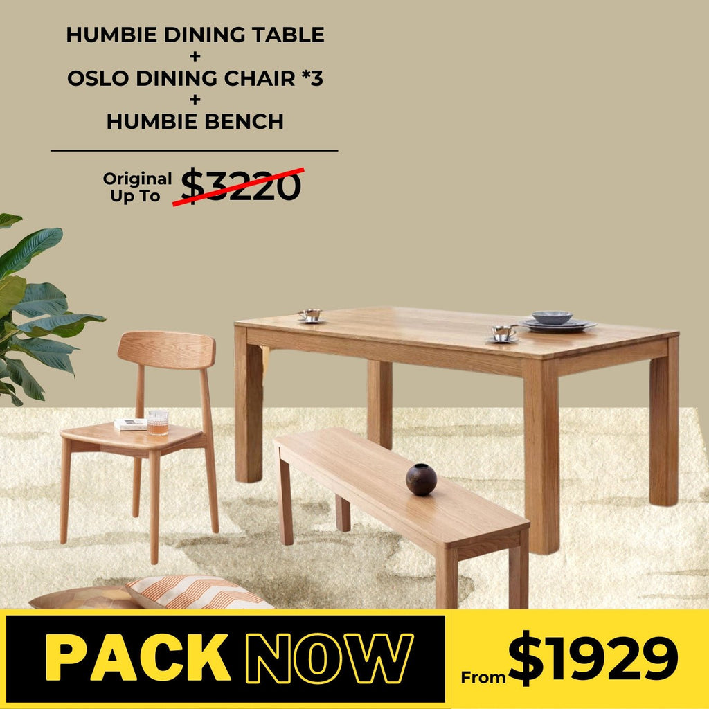 Humbie Oak Dining Table, Bench, and Oslo Chairs Package - Oak Furniture Store