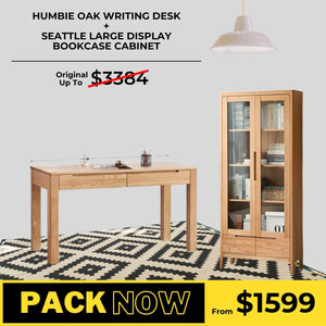 Humbie Solid Oak Study Desk and Seattle Display Cabinet Package - Oak Furniture Store