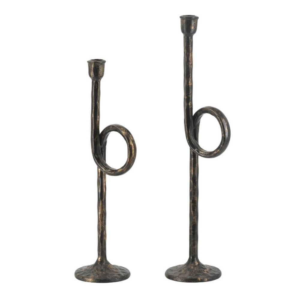 Iron candle holder set of 2 with loop detail and antique black gold finish