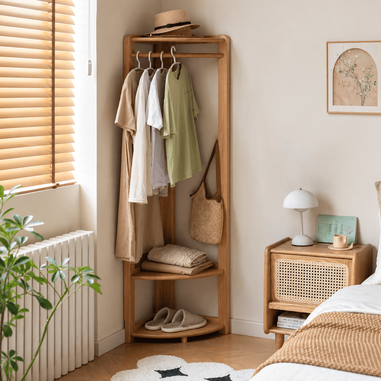 Kent natural solid oak corner coat rack with hanging rail and curved storage shelves in bedroom setting