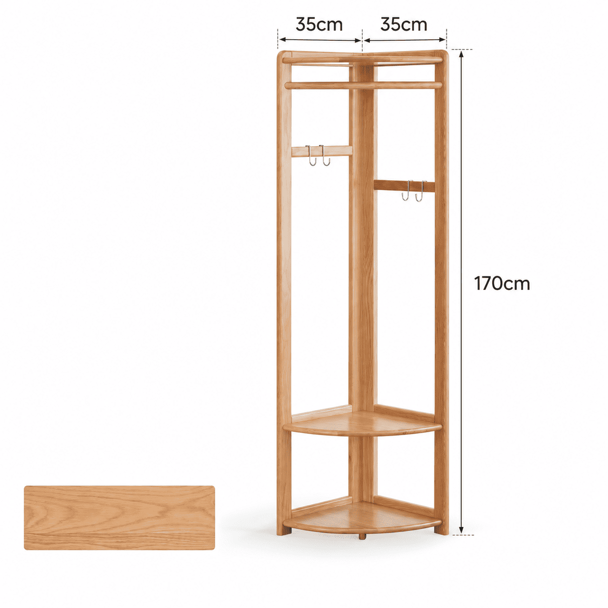 Kent natural solid oak corner coat rack dimension guide showing 35 cm side width and 170 cm height