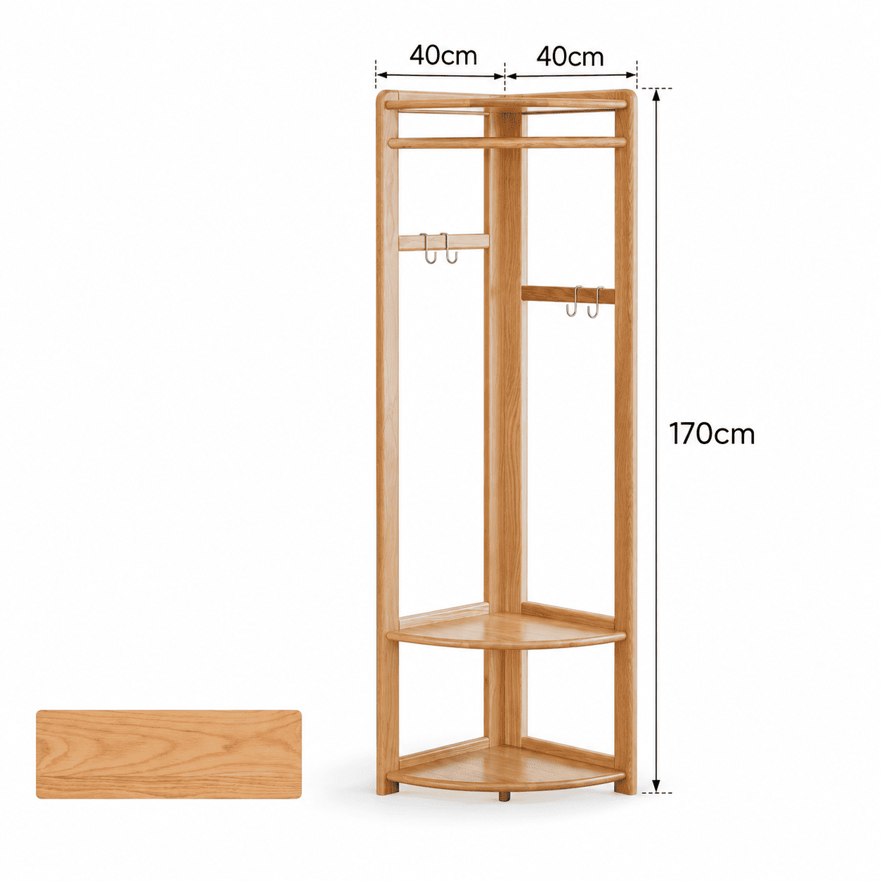 Kent natural solid oak corner coat rack dimension guide showing 40 cm side width and 170 cm height