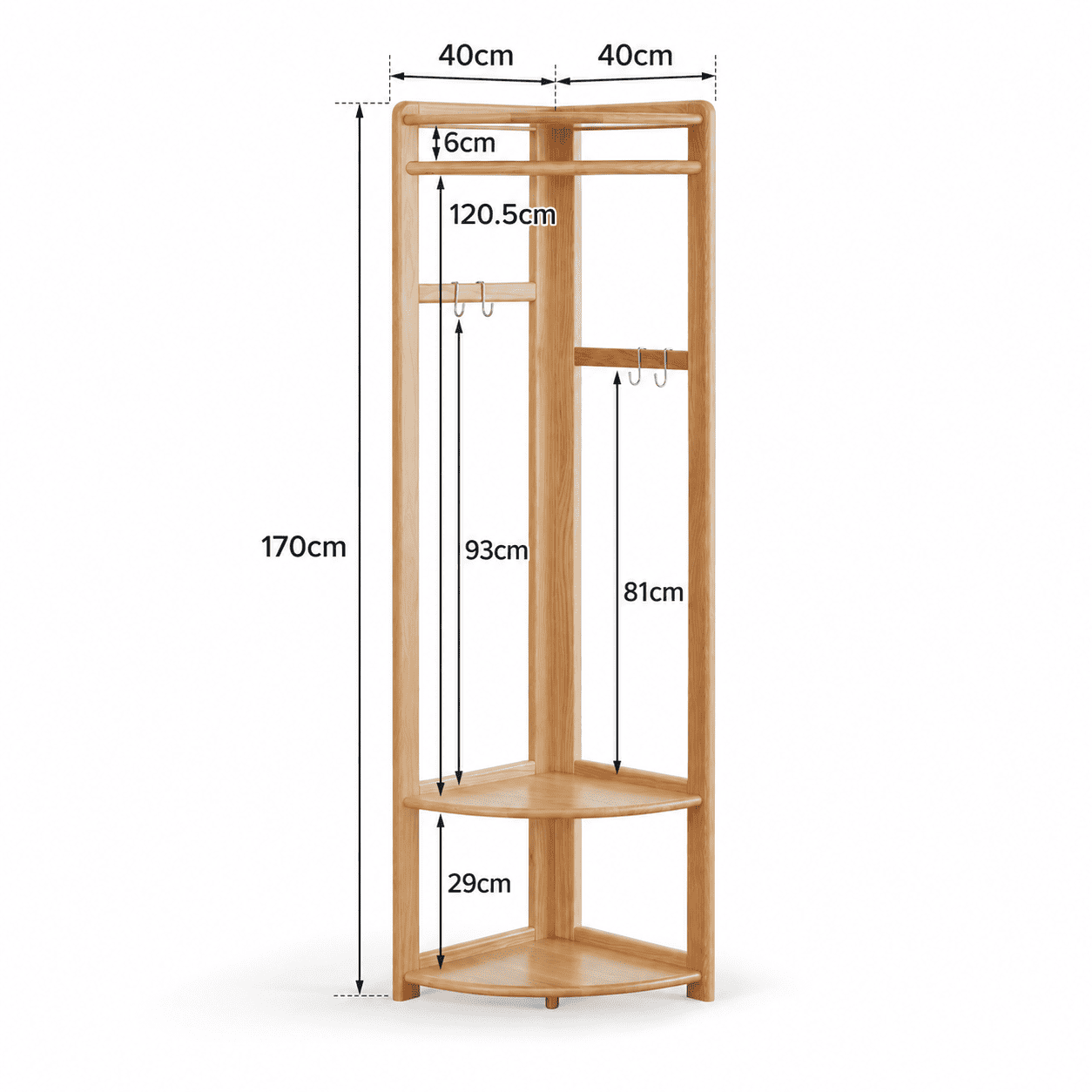 Detailed dimension guide for Kent natural solid oak corner coat rack with shelf and hanging space measurements