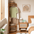 Kent natural solid oak corner coat rack styled with clothes, hat, bag and bedroom furniture