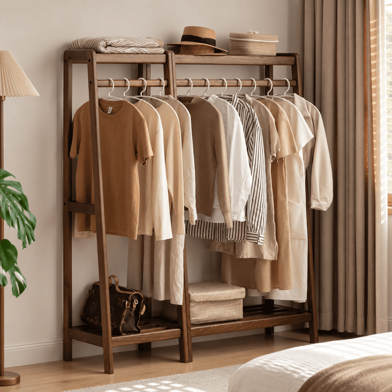 Lahti natural solid walnut coat rack with double hanging rails and lower shelf in a warm bedroom setting