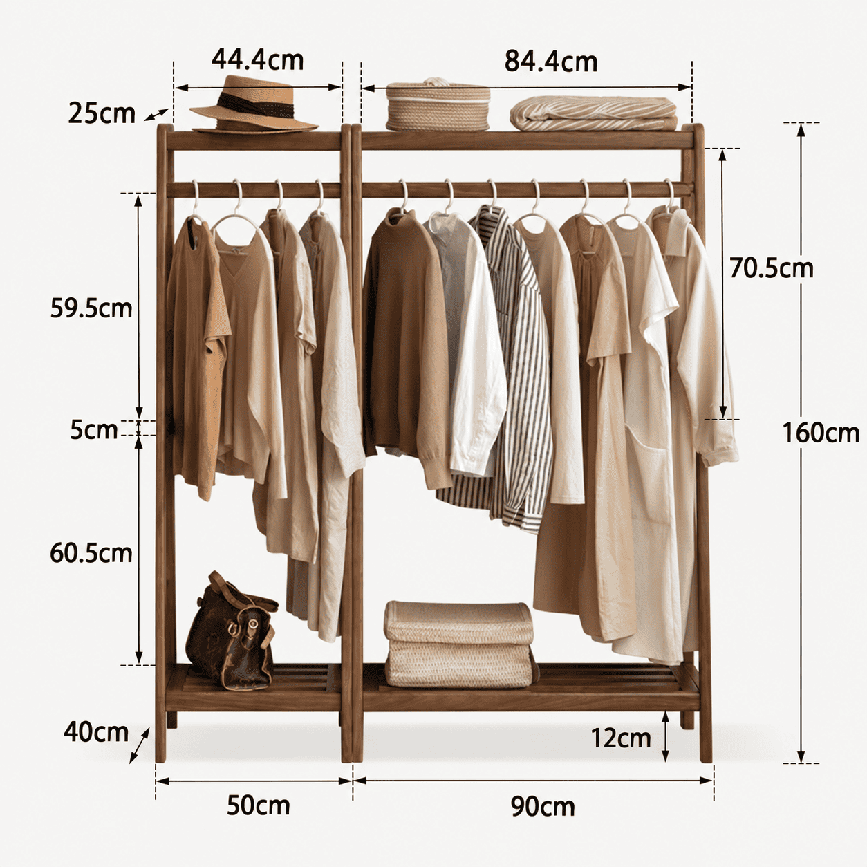 Detailed dimension guide for Lahti natural solid walnut double coat rack with shelf and hanging space measurements
