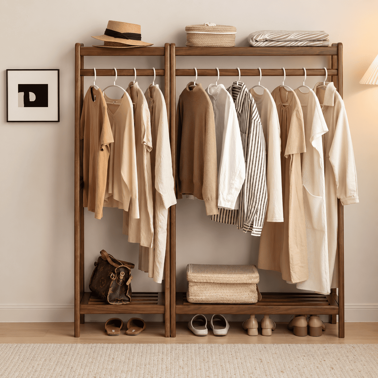 Lahti natural solid walnut double coat rack with clothes, shoes and storage baskets