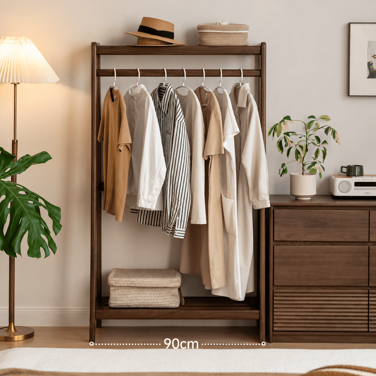 Lahti natural solid walnut 90 cm coat rack with clothes and lower storage shelf