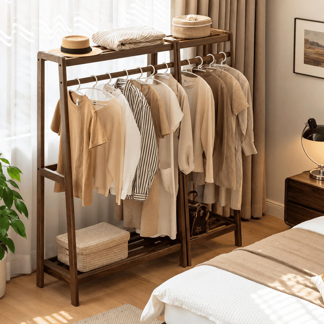 Lahti natural solid walnut double coat rack with hanging clothes and top storage shelf beside bedroom window