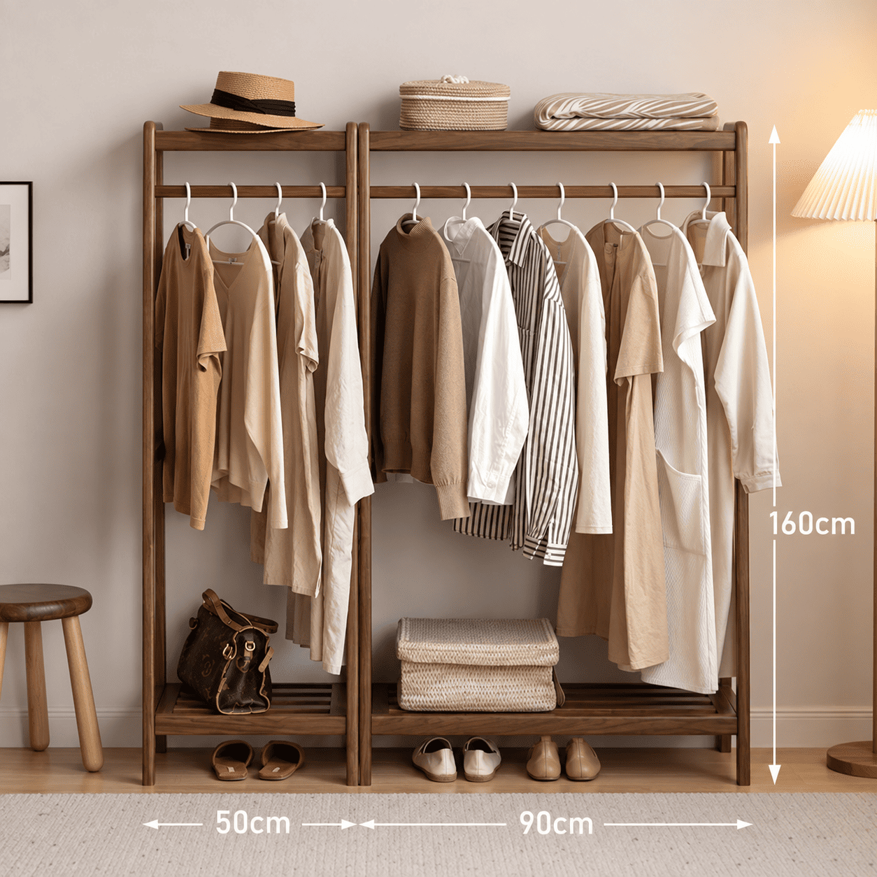 Lahti natural solid walnut double coat rack dimension image showing 50 cm, 90 cm and 160 cm measurements