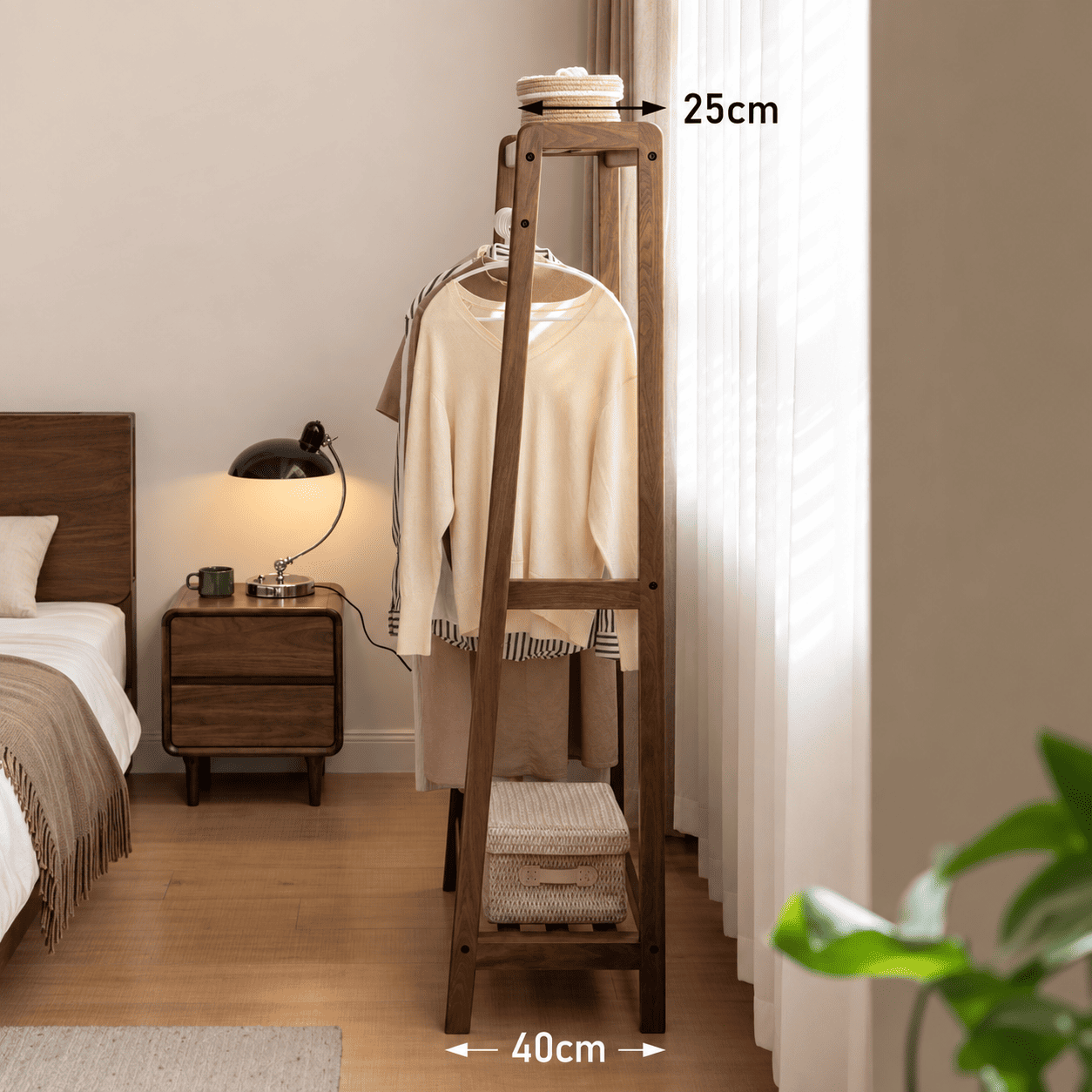 Side view of Lahti natural solid walnut coat rack showing 25 cm top depth and 40 cm base depth