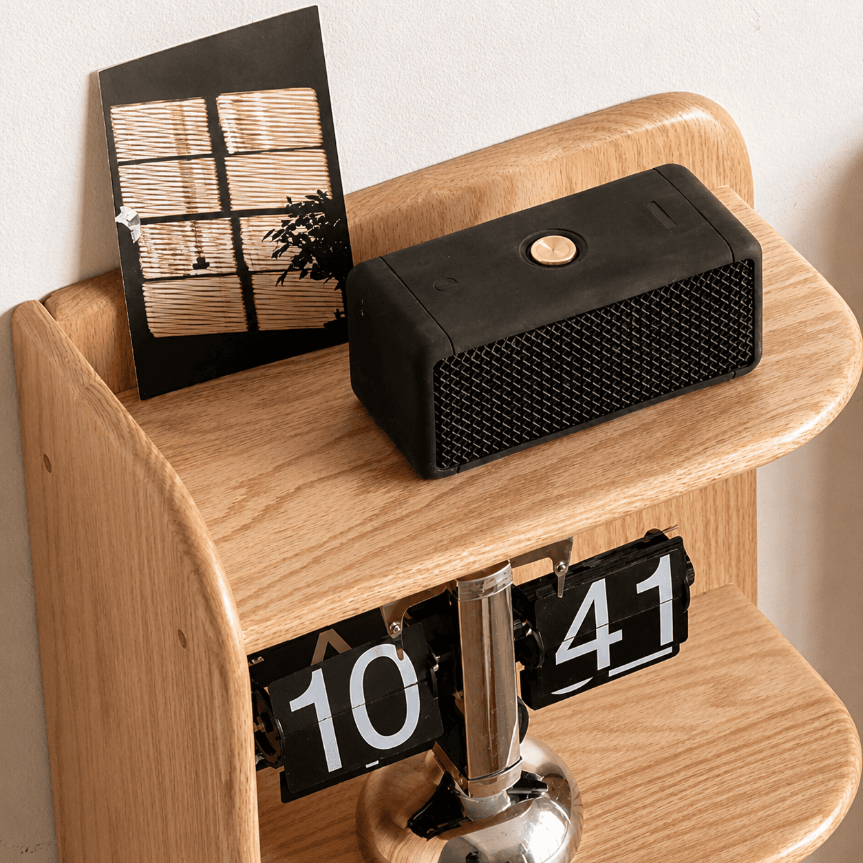 Hand opening the drawer of Lannion Natural Solid Oak Bedside Table with Hutch, showing solid oak finish and practical hidden storage.