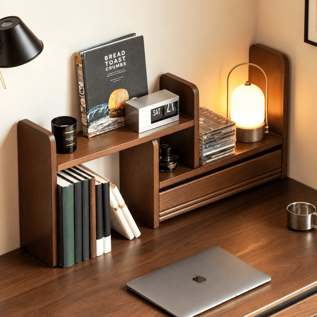 Lathum Desktop Shelf in dark wood finish with open drawer, books, lamp and compact office storage