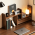 Lathum Desktop Shelf in dark wood finish with open drawer, books, lamp and compact office storage