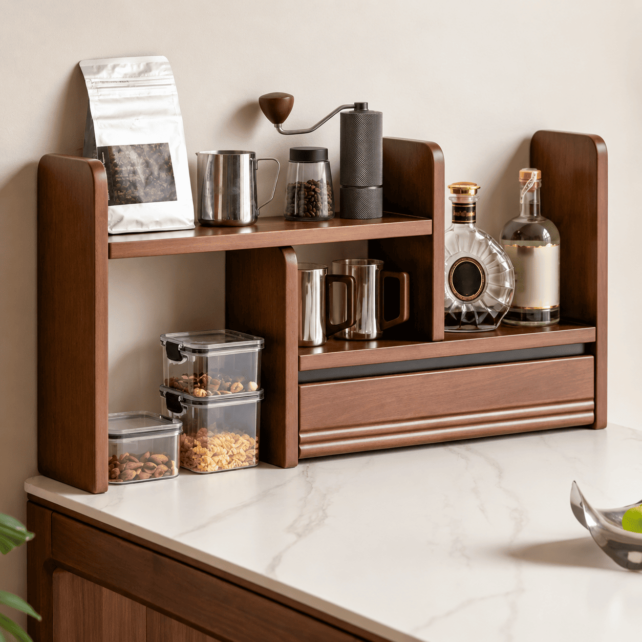 Lathum Desktop Shelf in dark wood finish used as countertop storage for coffee tools, cups, bottles and pantry items