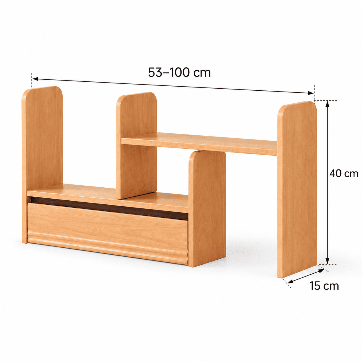 Lathum Natural Solid Beech Desktop Shelf dimension image showing adjustable 53–100 cm width, 40 cm height and 15 cm depth