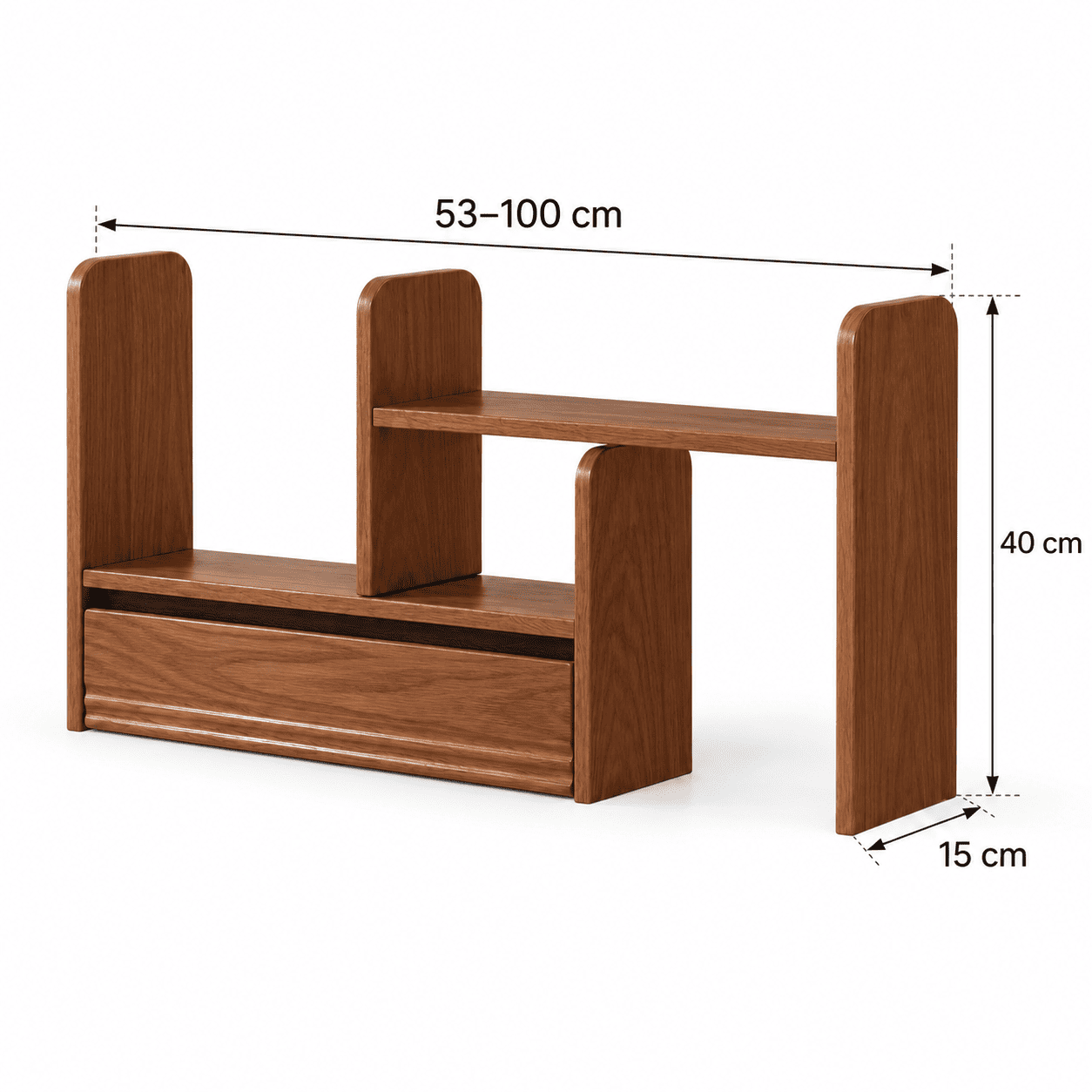 Lathum Desktop Shelf dark wood dimension image showing adjustable 53–100 cm width, 40 cm height and 15 cm depth