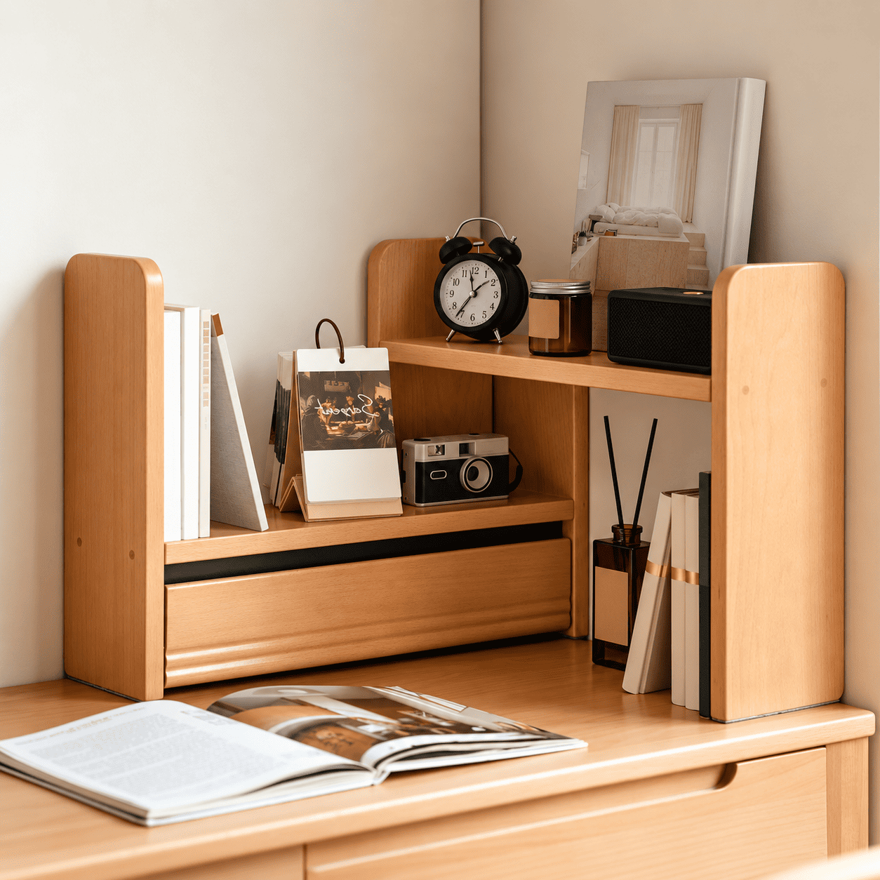 Lathum Natural Solid Beech Desktop Shelf styled as compact desk storage with books, clock and decorative objects