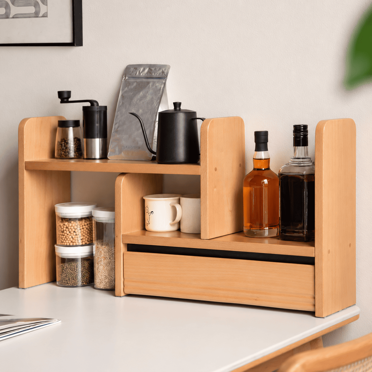 Lathum Natural Solid Beech Desktop Shelf arranged on a desk with books, speaker, calendar and open magazine