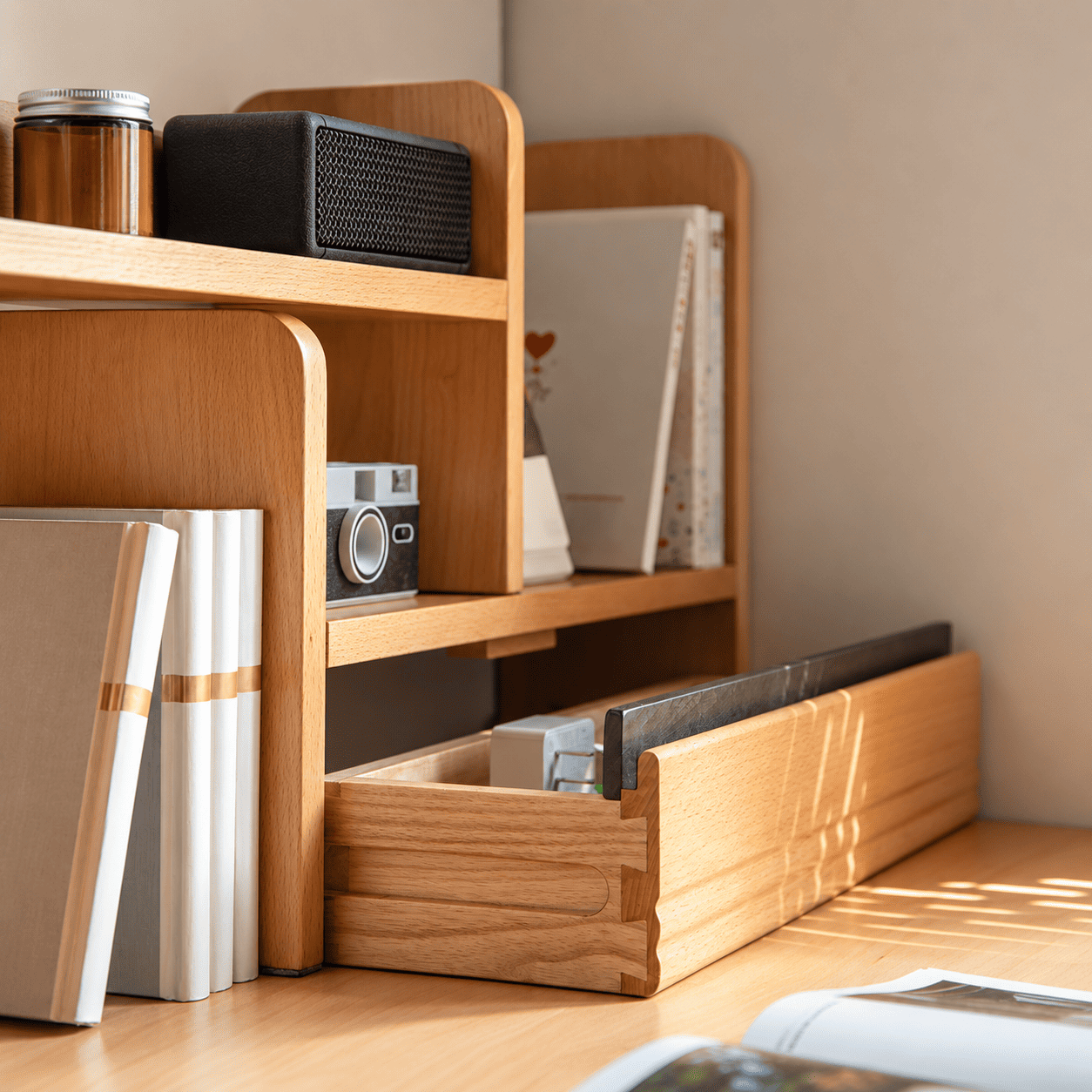Lathum Natural Solid Beech Desktop Shelf used as kitchen countertop storage for cups, jars, coffee tools and bottles
