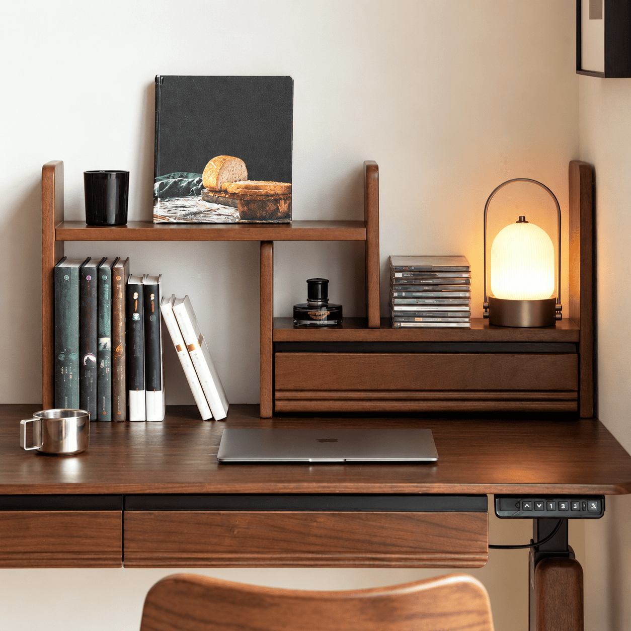 Lathum Natural Solid Beech Desktop Shelf detail showing top shelf storage with clock, jar, speaker and books