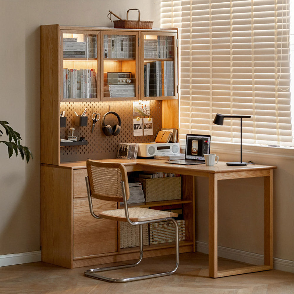 Lazio natural solid oak return storage desk with hutch, pegboard, and glass cabinet