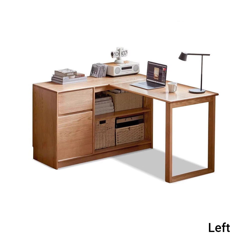 Lazio solid oak corner desk with drawers, open shelves, and integrated work surface