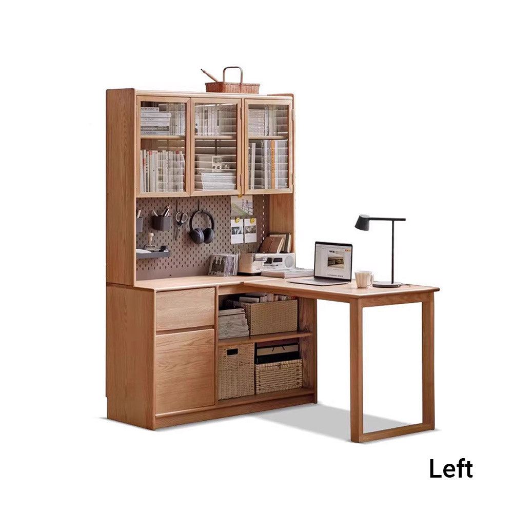 Lazio natural solid oak return storage desk with hutch, pegboard, and glass cabinet
