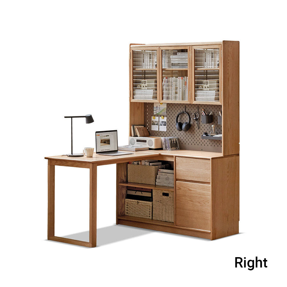 Lazio natural solid oak return storage desk with hutch, pegboard, and glass cabinet